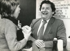 Chancellor of the Exchequer Nigel Lawson with son, Tom, in Stoney Stanton Fish and Chip Shop